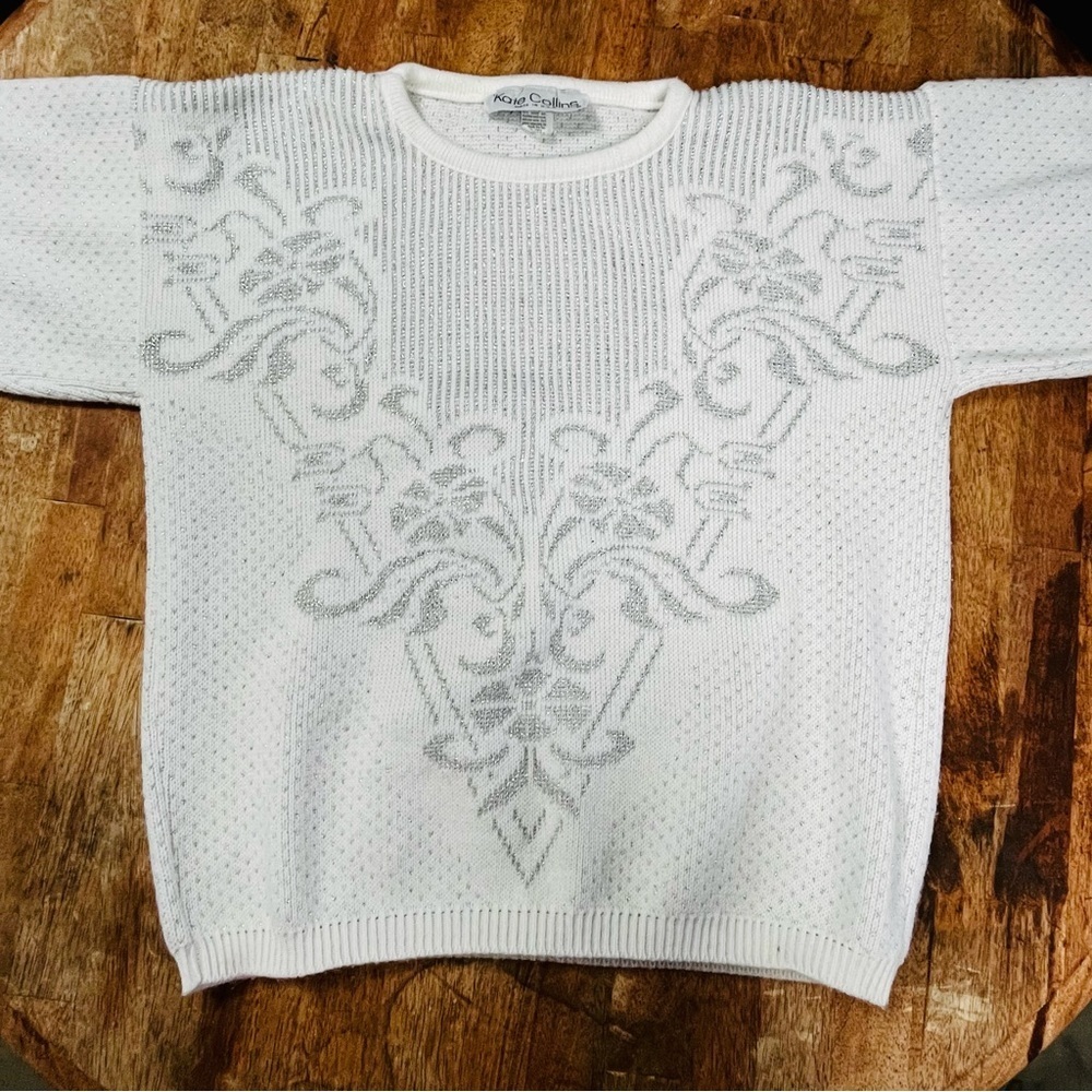 Kate Collins Vintage Sweater Baggy Retro Metallic Silver White - Womens Medium